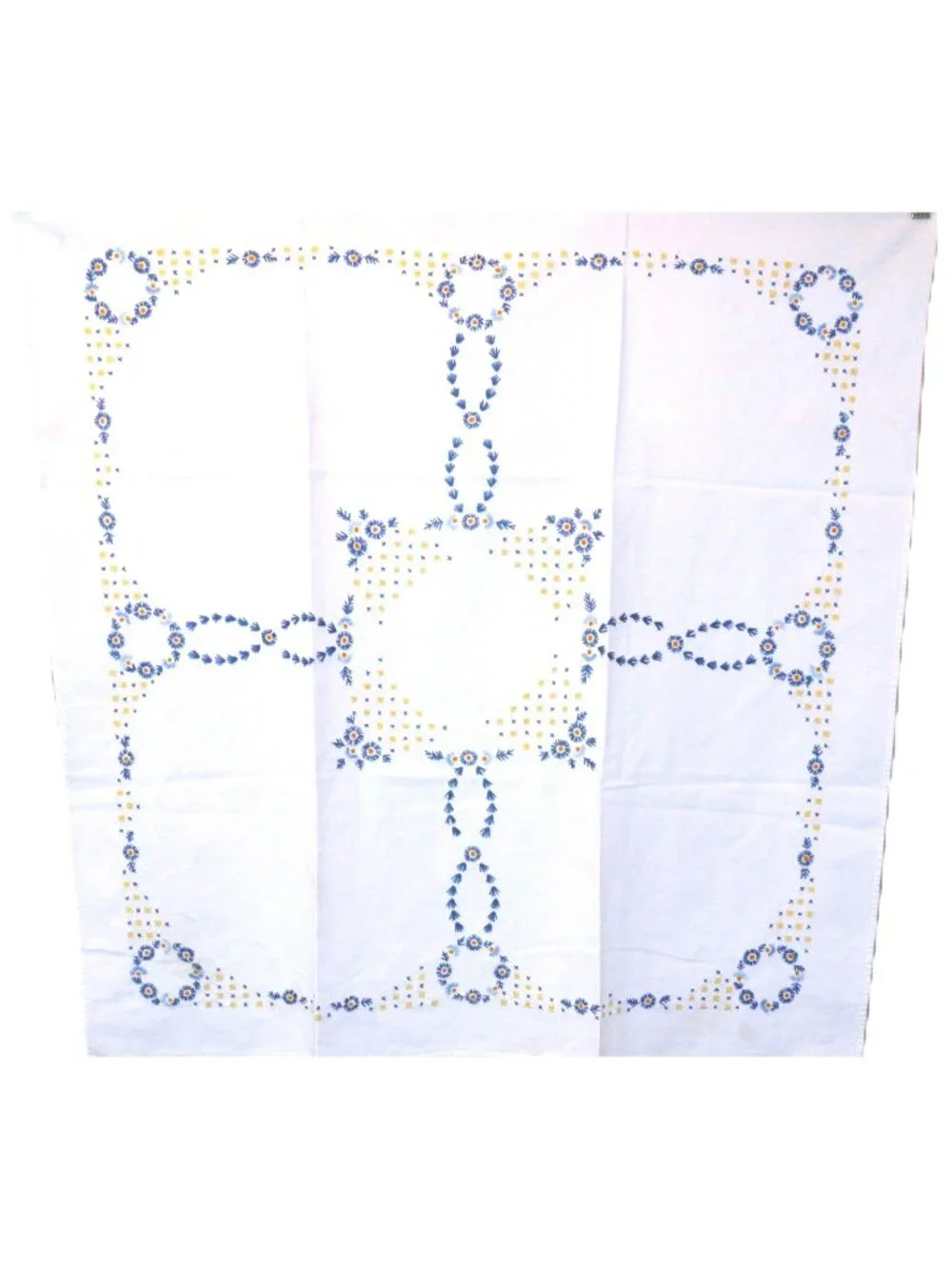 Vintage hand embroidered needlepoint cotton tablecloth blue & yellow 32.5 x 32